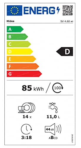 Midea MDWEU1435XSS-W Dishwasher, Integrated, 14 Place Settings, 60 cm, Partially Integrated with WiFi, Extra Drying, 7 Programmes, 47 dB, 0-24 Hours Start Time Delay, Stainless Steel