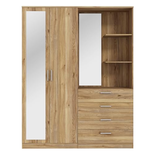 FORTE DEWANIA Kleiderschrank 160, Schrank mit offenen Regalfächern und Spiegel, Holzwerkstoff, Weiß, 159,3 cm breit, 203,4 cm hoch, 52,7 cm tief