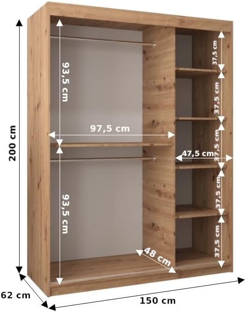 Kryspol Schwebetürenschrank York 250 cm Kleiderschrank mit Kleiderstange und Einlegeboden Schlafzimmer- Wohnzimmerschrank Schiebetüren Modern Design (Weiß)