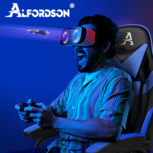 ALFORDSON Videospielstuhl, ergonomischer Bürostuhl, Massage-Rennstuhl, einziehbare Fußstütze, PU-Leder, höhenverstellbar und neigbar, 180 kg Tragkraft, Schwarz