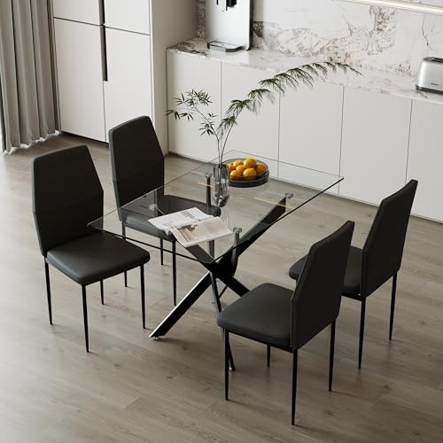GOLDFAN Glas Esstisch Set 4 Stühle Rechteckiger Esstisch und Rückenlehne Esszimmerstuhl für Küche Wohnzimmer Büro, Grau