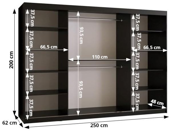 MEBLE KRYSPOL Dome 2 Schrank mit DREI Schiebetüren mit Spiegel, Stangen und Regalen - Aufbewahrungsschrank mit Rauchglas für Schlafzimmer, Wohnzimmer - 200x250x62cm - Schwarz, Schwarz, Schwarz