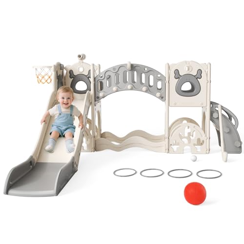 Krovtoy Kleinkindrutsche mit Weihnachtselch-Motiv, freistehende Kleinkindrutsche mit Golf-Set, Babyrutsche, Spielplatzgerät, für den Innen- und Außenbereich (Grau Beige - 6 in 1)
