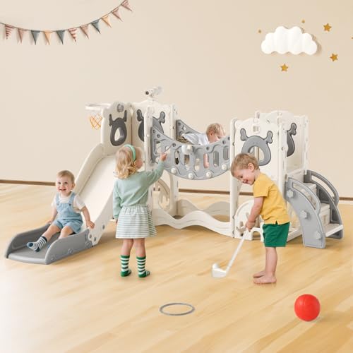 Krovtoy Kleinkindrutsche mit Weihnachtselch-Motiv, freistehende Kleinkindrutsche mit Golf-Set, Babyrutsche, Spielplatzgerät, für den Innen- und Außenbereich (Grau Beige - 6 in 1)