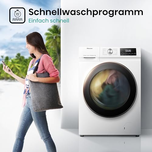 Hisense WF3S8043BB3 Waschmachine mit Dampffunkunktion, 8 kg, 1400 U,min, WIFI, ConnectLife, Power JetWash, Anti-Allergie Programm, Aqua Stop, Auto Wash, Quick Wash, EEK A-30 Prozent