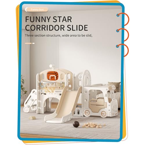 Rutsche mit Klettergerüst für Kinder: Indoor Spielplatz mit - Aufbewahrungsbox Tunnel Treppenleiter Basketballkorb und Durchgangsbereich Gartenrutsche (Star Set-G-Brown)