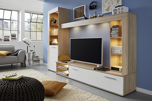 trendteam smart living - Logo - Wall Unit - Brown - Wall Unit with 1 Door, 1 Flap and 6 Open Compartments - (W x H x D) 240 x 185 x 41 cm - Silver Matte Handles