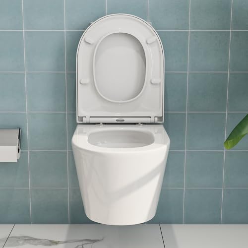 HOROW Wand WC Keramik Hänge WC Set Toiletten mit abnehmbaren Deckel sitz mit Absenkautomatik Hängetoilette, D-Form, kompakte Design Toilette Gästebad