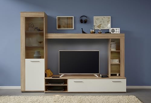 trendteam smart living - Logo - Wall Unit - Brown - Wall Unit with 1 Door, 1 Flap and 6 Open Compartments - (W x H x D) 240 x 185 x 41 cm - Silver Matte Handles
