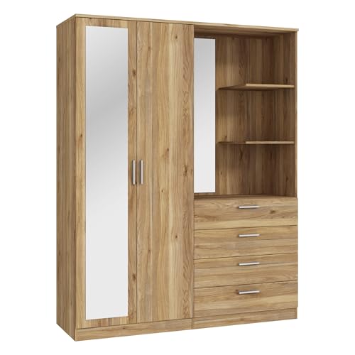 FORTE DEWANIA Kleiderschrank 160, Schrank mit offenen Regalfächern und Spiegel, Holzwerkstoff, Weiß, 159,3 cm breit, 203,4 cm hoch, 52,7 cm tief