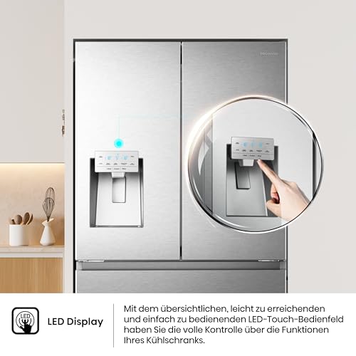 Hisense RF632N4WIE French Door Kühl-Gefrierkombination/ NoFrostPlus/ Inverter-Kompressor/ Wasserspender/ CrispZone/ 200 cm/ Kühlteil 336 l/ Gefrierteil 149 l/ 38 dB/ 295 kWh/ Jahr/ Inox-Look