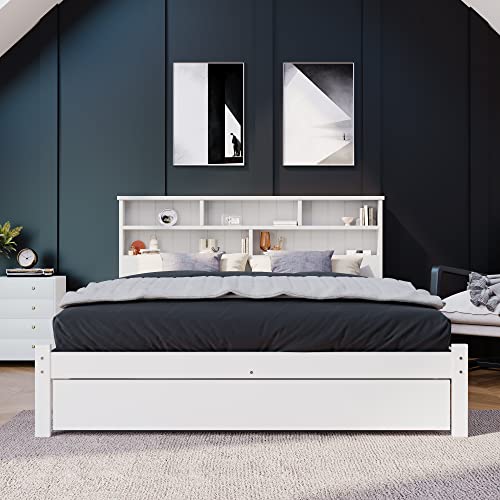RIAZOS Kinderbett Holzbett 90x200 cm, Massiveholz Einzelbett mit Schreibtisch und Schubladen, Stauraumbett mit Lattenrost, für Jungen & Mädchen, ohne Matratze, Weiß