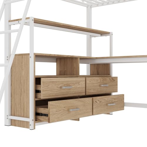 Merax Kinderbett Hochbett 90x200 cm Metallbett mit L-förmigem Schreibtisch, 2 Schubladen und Regal, Bettgestell mit Lattenrost (ohne Matratze) für Kinder/Erwachsene, Schwarz