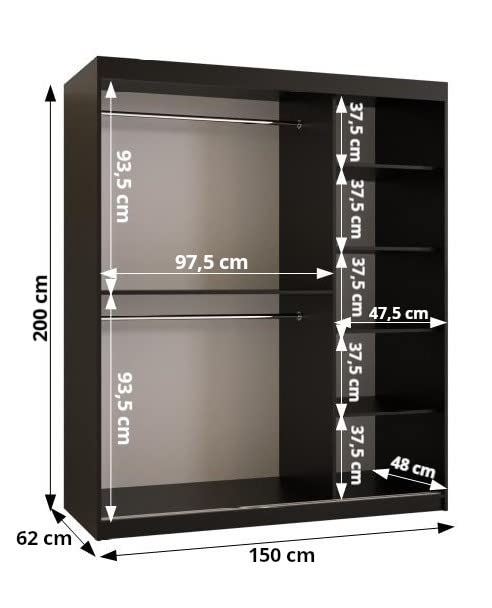 MEBLE KRYSPOL Dome 2 Schrank mit DREI Schiebetüren mit Spiegel, Stangen und Regalen - Aufbewahrungsschrank mit Rauchglas für Schlafzimmer, Wohnzimmer - 200x250x62cm - Schwarz, Schwarz, Schwarz