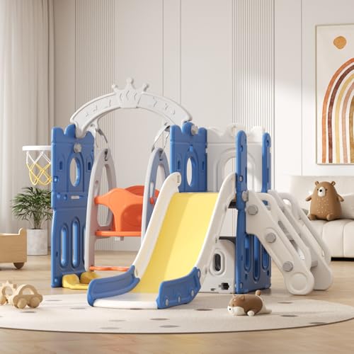 Rutsche mit Klettergerüst für Kinder: Indoor Spielplatz mit - Aufbewahrungsbox Tunnel Treppenleiter Basketballkorb und Durchgangsbereich Gartenrutsche (Star Set-G-Brown)
