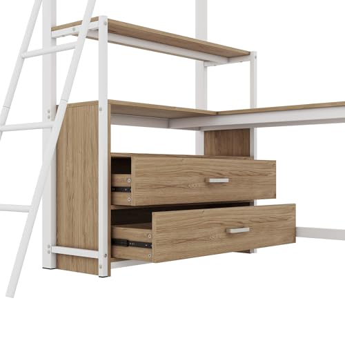 Merax Kinderbett Hochbett 90x200 cm Metallbett mit L-förmigem Schreibtisch, 2 Schubladen und Regal, Bettgestell mit Lattenrost (ohne Matratze) für Kinder/Erwachsene, Schwarz