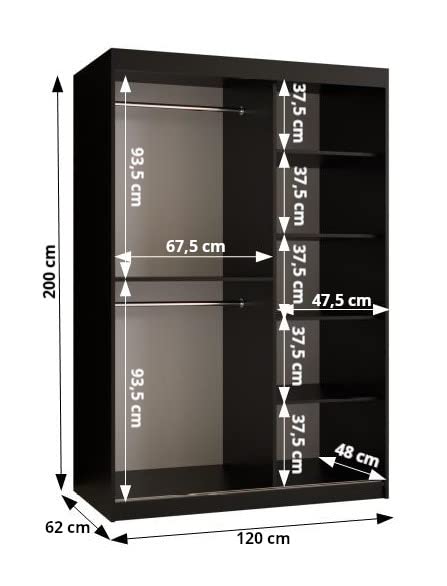 MEBLE KRYSPOL Dome 2 Schrank mit DREI Schiebetüren mit Spiegel, Stangen und Regalen - Aufbewahrungsschrank mit Rauchglas für Schlafzimmer, Wohnzimmer - 200x250x62cm - Schwarz, Schwarz, Schwarz