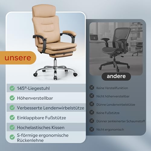 DEVAISE Chefsesse PU Leder, Bürostuhl Ergonomisch mit Fußstütze und Lendenwirbelstütze, Wippfunktion und Winkelverriegelung, Hohe Rückenlehne, Höhenverstellbar, Liegestuhl für Büro & Zuhause, Schwarz
