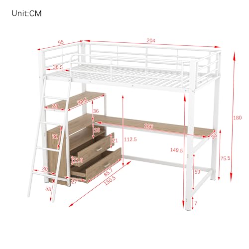 Merax Kinderbett Hochbett 90x200 cm Metallbett mit L-förmigem Schreibtisch, 2 Schubladen und Regal, Bettgestell mit Lattenrost (ohne Matratze) für Kinder/Erwachsene, Schwarz