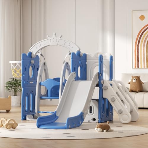 Rutsche mit Klettergerüst für Kinder: Indoor Spielplatz mit - Aufbewahrungsbox Tunnel Treppenleiter Basketballkorb und Durchgangsbereich Gartenrutsche (Star Set-G-Brown)