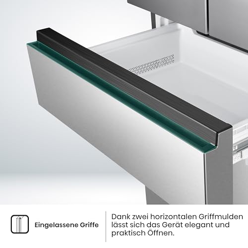 Hisense RF632N4WIE French Door Kühl-Gefrierkombination/ NoFrostPlus/ Inverter-Kompressor/ Wasserspender/ CrispZone/ 200 cm/ Kühlteil 336 l/ Gefrierteil 149 l/ 38 dB/ 295 kWh/ Jahr/ Inox-Look