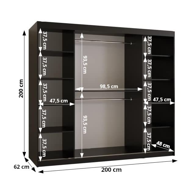 MEBLE KRYSPOL Dome 2 Schrank mit DREI Schiebetüren mit Spiegel, Stangen und Regalen - Aufbewahrungsschrank mit Rauchglas für Schlafzimmer, Wohnzimmer - 200x250x62cm - Schwarz, Schwarz, Schwarz