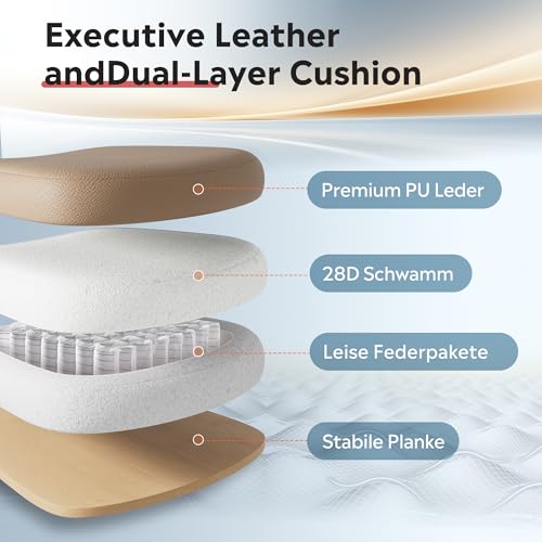 DEVAISE Chefsesse PU Leder, Bürostuhl Ergonomisch mit Fußstütze und Lendenwirbelstütze, Wippfunktion und Winkelverriegelung, Hohe Rückenlehne, Höhenverstellbar, Liegestuhl für Büro & Zuhause, Schwarz