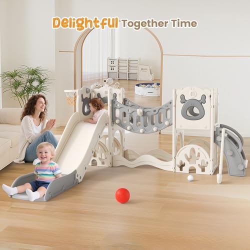 Krovtoy Kleinkindrutsche mit Weihnachtselch-Motiv, freistehende Kleinkindrutsche mit Golf-Set, Babyrutsche, Spielplatzgerät, für den Innen- und Außenbereich (Grau Beige - 6 in 1)