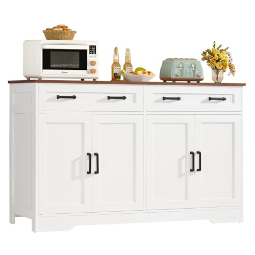 TEENFON 140 cm (W) Sideboard, 80 cm (H) Kitchen Cabinet with Worktop, Buffet Cabinet with 2 Drawers & Adjustable Shelves, Kitchen Unit for Kitchen, Living Room & Hallway - 140 x 40 x 80 cm - White