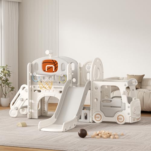 Rutsche mit Klettergerüst für Kinder: Indoor Spielplatz mit - Aufbewahrungsbox Tunnel Treppenleiter Basketballkorb und Durchgangsbereich Gartenrutsche (Star Set-G-Brown)
