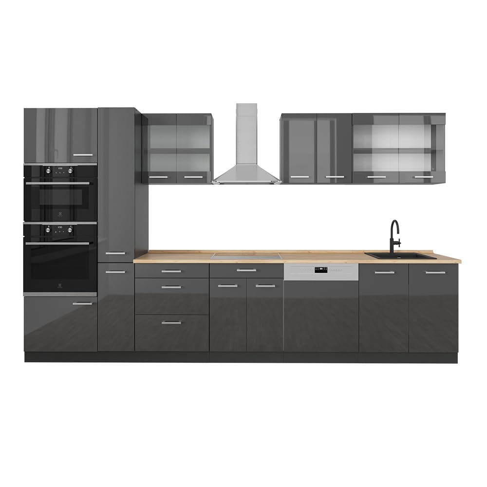 Vicco R-Line Fitted Kitchen Cabinets Anthracite Kitchen Furniture (Anthracite / White High Gloss, MUS 350 cm)