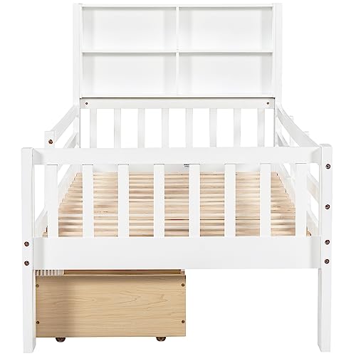 Children's Bed 90 x 200 cm, Wooden Bed with Drawers and Board, Headboard with Bookshelf and Fall Protection, Bed with Slatted Frame and Storage Space, Teenager's Bed, Functional Bed, Wooden Bed Frame,