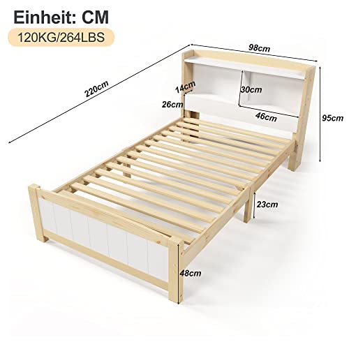 RIAZOS Kinderbett Holzbett 90x200 cm, Massiveholz Einzelbett mit Schreibtisch und Schubladen, Stauraumbett mit Lattenrost, für Jungen & Mädchen, ohne Matratze, Weiß