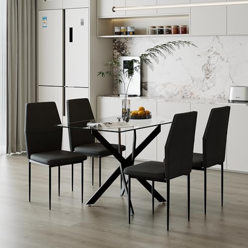 GOLDFAN Glas Esstisch Set 4 Stühle Rechteckiger Esstisch und Rückenlehne Esszimmerstuhl für Küche Wohnzimmer Büro, Grau