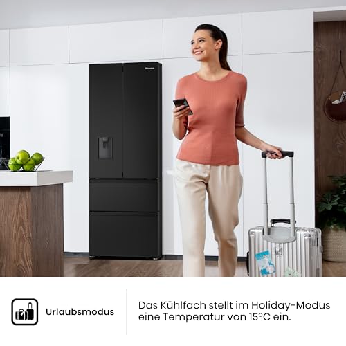 Hisense RF632N4WIE French Door Kühl-Gefrierkombination/ NoFrostPlus/ Inverter-Kompressor/ Wasserspender/ CrispZone/ 200 cm/ Kühlteil 336 l/ Gefrierteil 149 l/ 38 dB/ 295 kWh/ Jahr/ Inox-Look