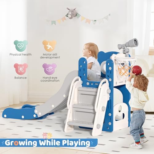 Krovtoy Kleinkindrutsche mit Weihnachtselch-Motiv, freistehende Kleinkindrutsche mit Golf-Set, Babyrutsche, Spielplatzgerät, für den Innen- und Außenbereich (Grau Beige - 6 in 1)