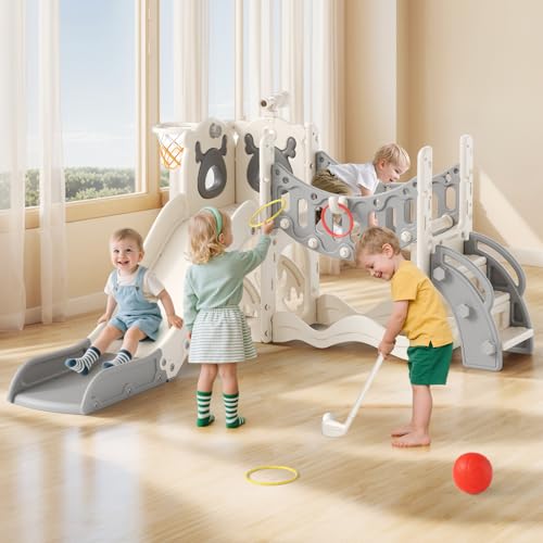 Krovtoy Kleinkindrutsche mit Weihnachtselch-Motiv, freistehende Kleinkindrutsche mit Golf-Set, Babyrutsche, Spielplatzgerät, für den Innen- und Außenbereich (Grau Beige - 6 in 1)