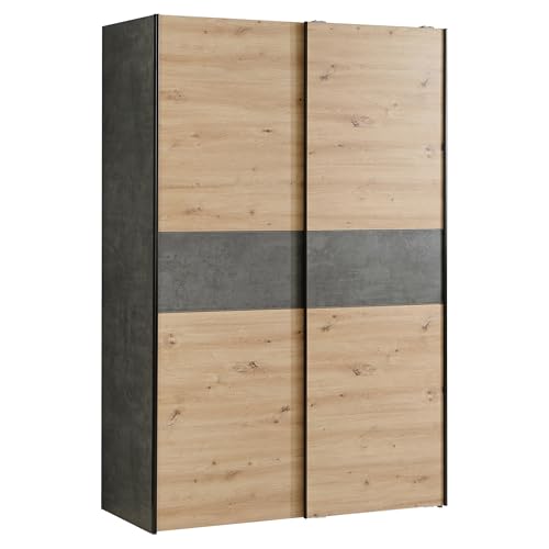FORTE OZZULA Wardrobe 120, Wardrobe, Sliding Door Wardrobe, Bedroom Wardrobe, Scandinavian 2 Door Shelves, Clothes Rail, White/Artisan Oak, 120 cm Wide x 190.5 cm High x 61 cm Deep