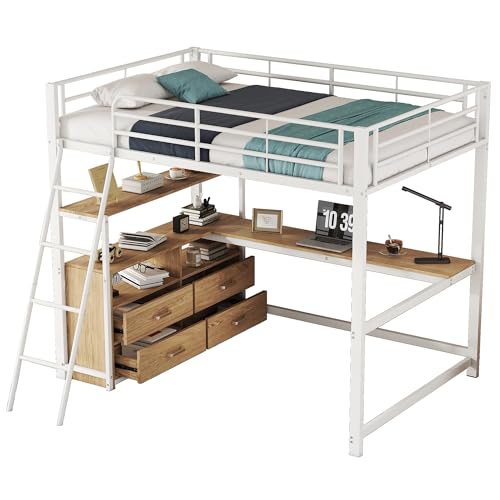 Merax Kinderbett Hochbett 90x200 cm Metallbett mit L-förmigem Schreibtisch, 2 Schubladen und Regal, Bettgestell mit Lattenrost (ohne Matratze) für Kinder/Erwachsene, Schwarz