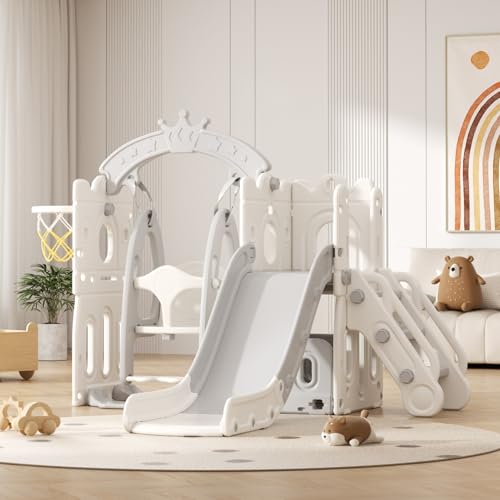 Rutsche mit Klettergerüst für Kinder: Indoor Spielplatz mit - Aufbewahrungsbox Tunnel Treppenleiter Basketballkorb und Durchgangsbereich Gartenrutsche (Star Set-G-Brown)