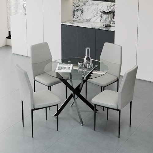 GOLDFAN Dining Table with 4 Chairs Dining Table Round Glass Kitchen Table Dining Room Chair Velvet 80 cm Green