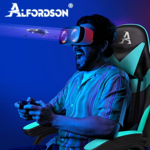 ALFORDSON Videospielstuhl, ergonomischer Bürostuhl, Massage-Rennstuhl, einziehbare Fußstütze, PU-Leder, höhenverstellbar und neigbar, 180 kg Tragkraft, Schwarz