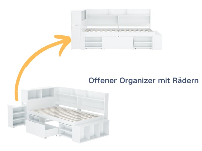 xixiworkshop Kinderbett 90x200cm Ausziehbett Bett mit Stauraum und USB-Steckdose/Mehreren Ablagefächern multifunktionales Jugendbett/Gästebett/Doppelbett mit Stauschrank Lattenrost,Ohne Matratze,Grau