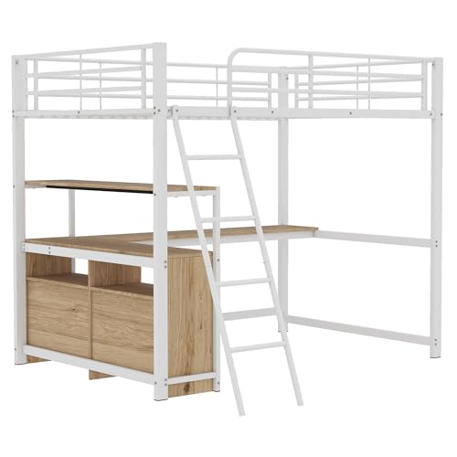 Merax Kinderbett Hochbett 90x200 cm Metallbett mit L-förmigem Schreibtisch, 2 Schubladen und Regal, Bettgestell mit Lattenrost (ohne Matratze) für Kinder/Erwachsene, Schwarz