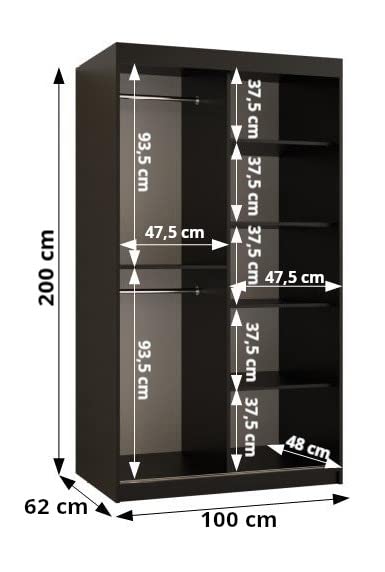 MEBLE KRYSPOL Dome 2 Schrank mit DREI Schiebetüren mit Spiegel, Stangen und Regalen - Aufbewahrungsschrank mit Rauchglas für Schlafzimmer, Wohnzimmer - 200x250x62cm - Schwarz, Schwarz, Schwarz