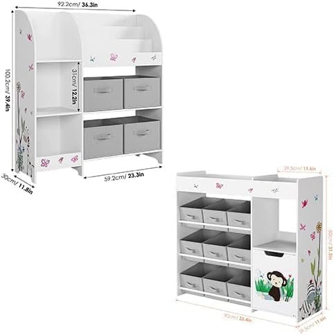 HOCSOK Spielzeugregal 2 Set, Kinderregal mit 4 Aufbewahrungsboxen, Bücherregal Kinder mit 9 Stoffschublade, Spielzeug-Organizer für Kinderzimmer, Schlafzimmer, Kindergarten