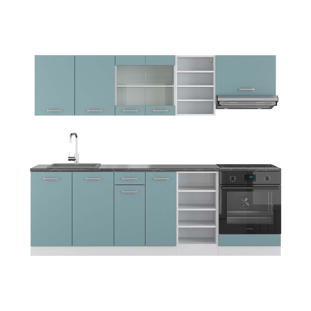 Vicco Küchenzeile R-Line, Küchenblock, Blau-Grau/Weiß, 240 cm ohne Arbeitsplatte