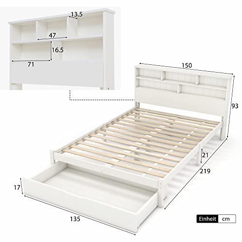 RIAZOS Kinderbett Holzbett 90x200 cm, Massiveholz Einzelbett mit Schreibtisch und Schubladen, Stauraumbett mit Lattenrost, für Jungen & Mädchen, ohne Matratze, Weiß
