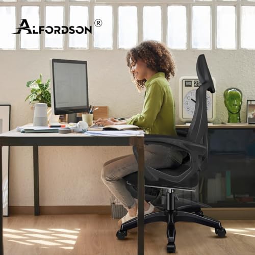 ALFORDSON Bürostuhl, Lendenstütze, Atmungsaktives Netz und Stoff, Hochklappbare/Verstellbare Armlehnen, Hochwertiger Schaumstoff, 180kg für Zuhause & Gaming, Wale, Schwarz