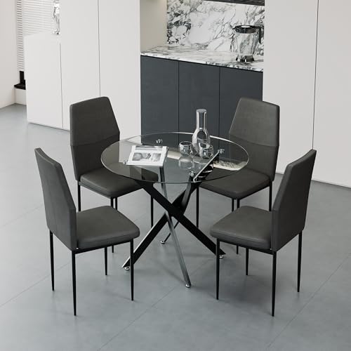 GOLDFAN Dining Table with 4 Chairs Dining Table Round Glass Kitchen Table Dining Room Chair Velvet 80 cm Green